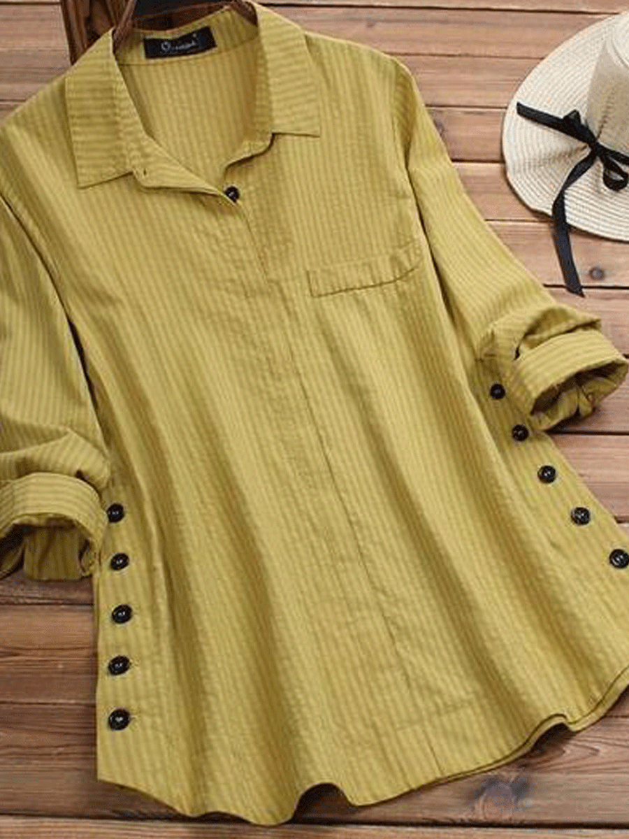 Women's Button Cotton And Linen Pocket Striped Long sleeved Long Shirt