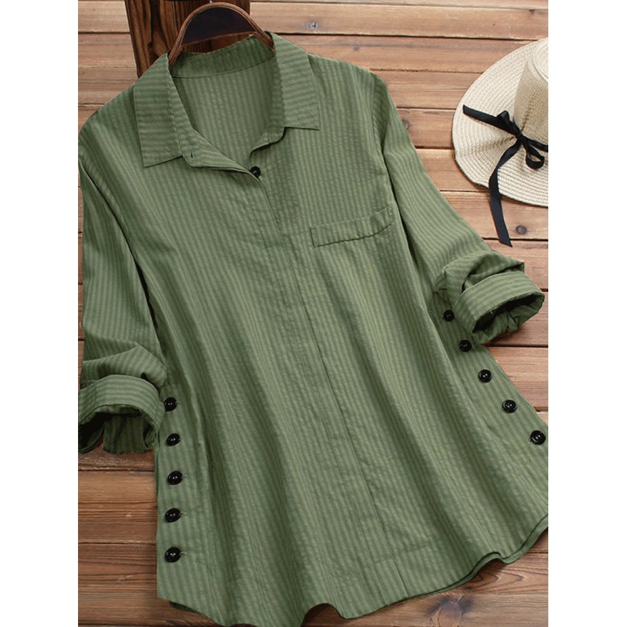 

Women's Button Cotton And Linen Pocket Striped Long-sleeved Long Shirt