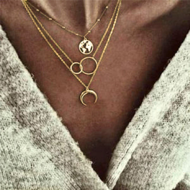 Moon Map Personality Boho Multi layer Necklace