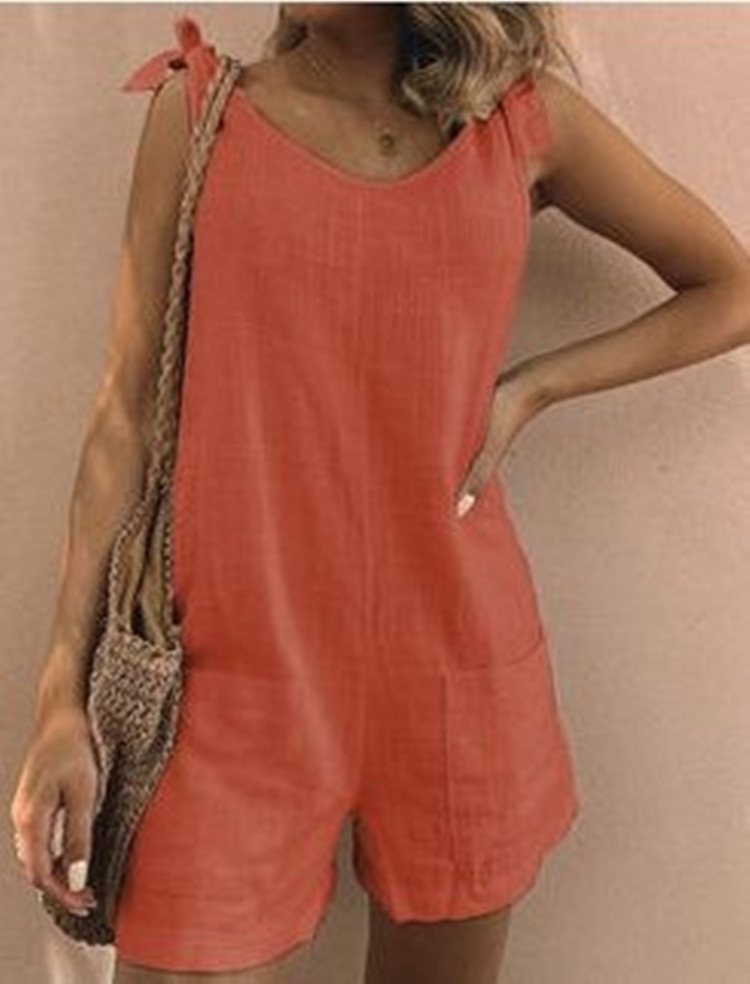 Solid Color Cotton And Linen Patch Pocket Fashion Jumpsuit