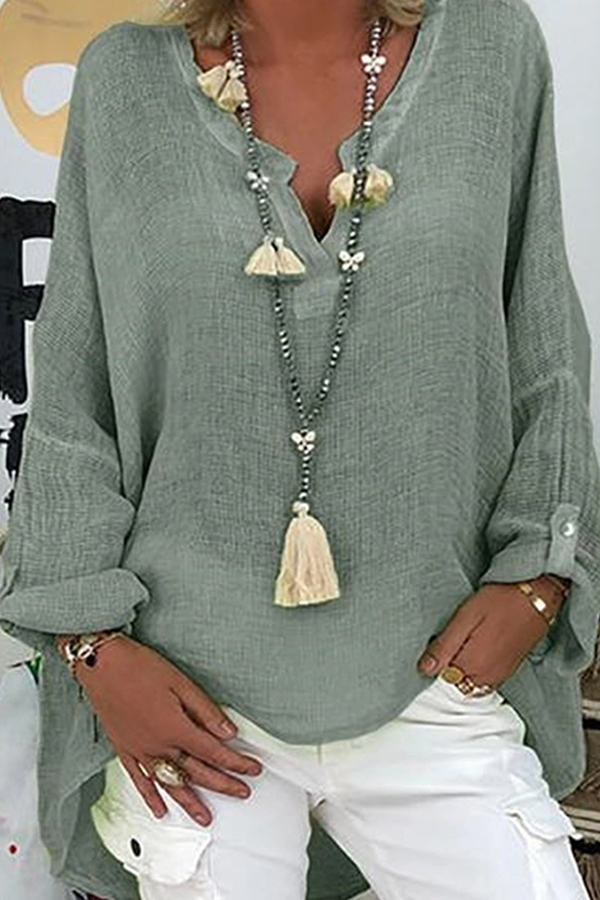 Casual Pure Colour V Neck Long Sleeve Loose Blouse