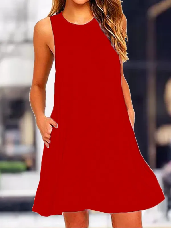 Casual Solid Color Round Neck Dress - Ininrubyclub.com 