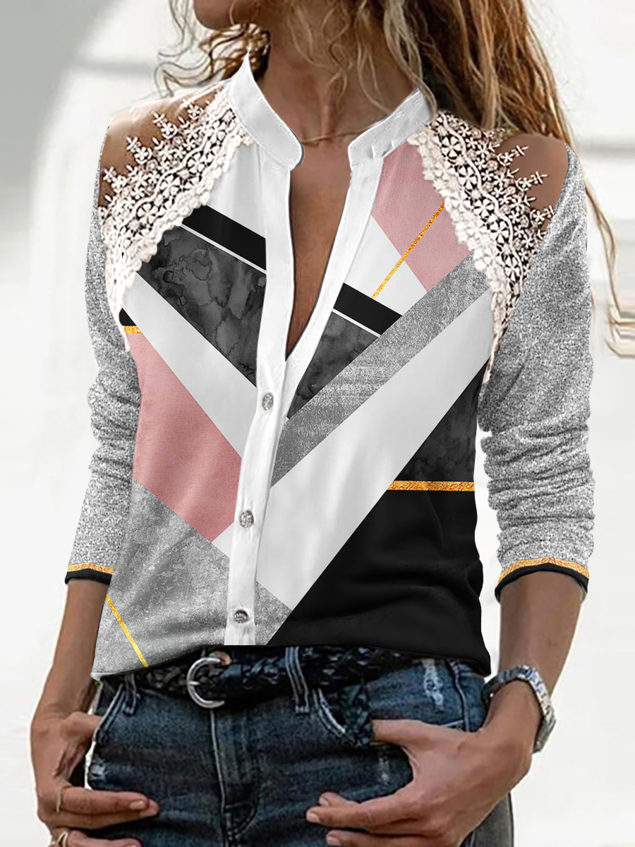 Women's Fashion Casual Color Block Stitching Lace Hot Silver Shirt