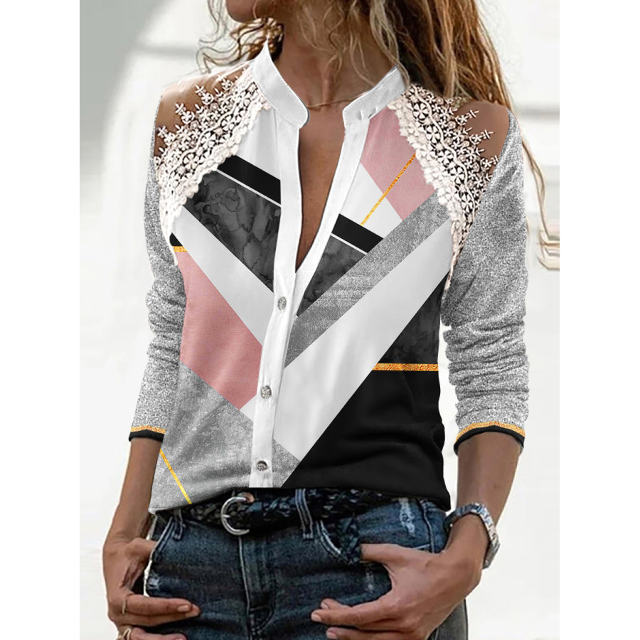 

Women's Fashion Casual Color Block Stitching Lace Hot Silver Shirt