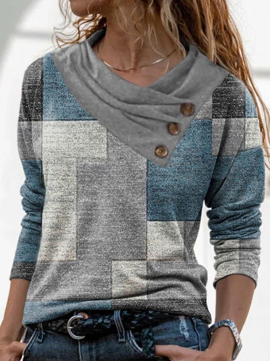 Fashion Check Print Stack Neck Long Sleeve Casual T shirt