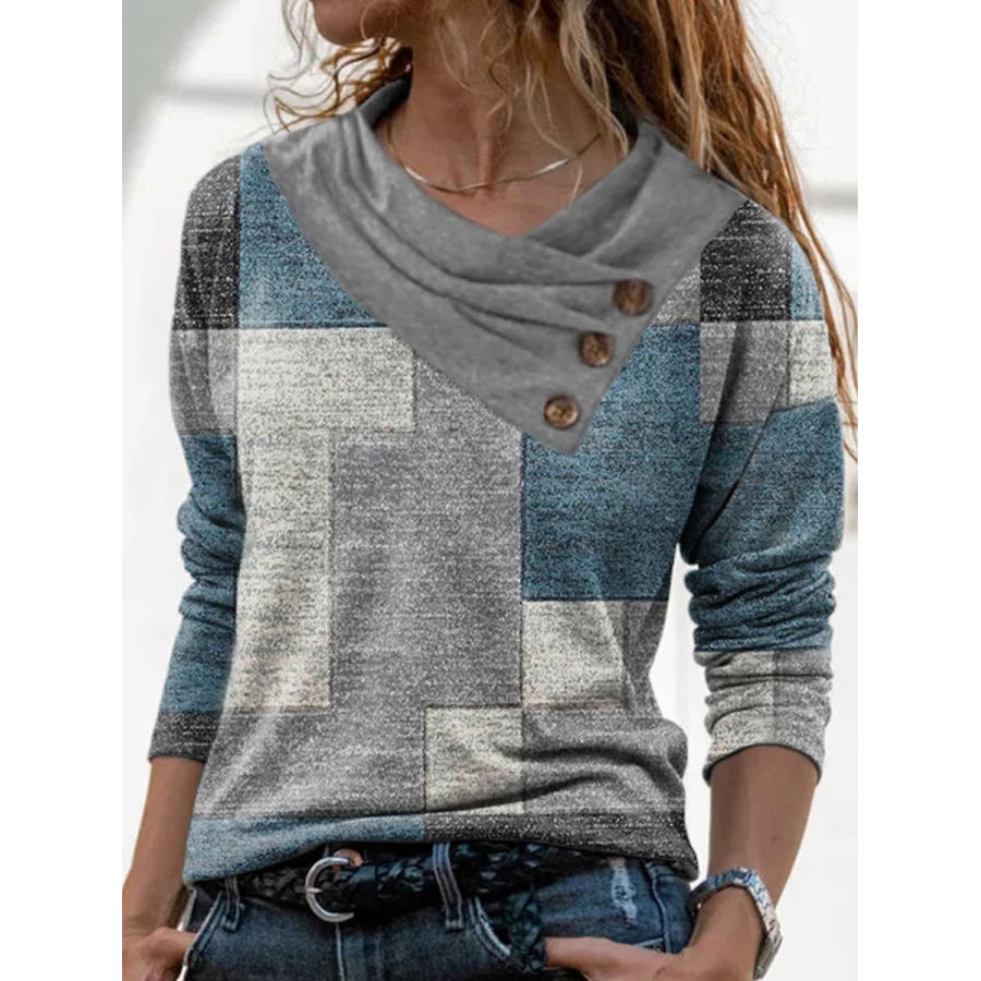 

Fashion Check Print Stack Neck Long Sleeve Casual T-shirt