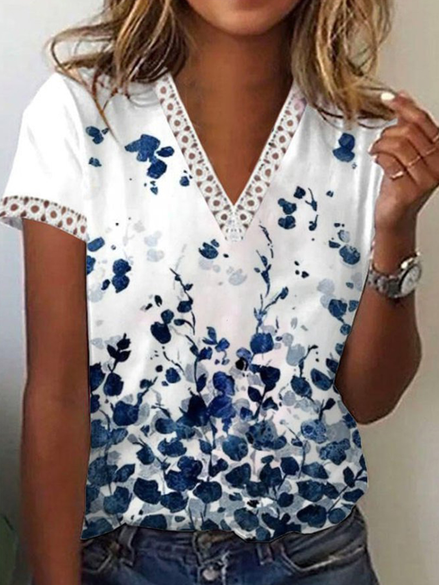 Casual Floral V Neck Short Sleeve T Shirt