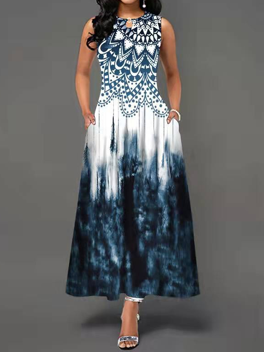 Casual Floral Print Crew Neck Chic Sleeveless Maxi Dress