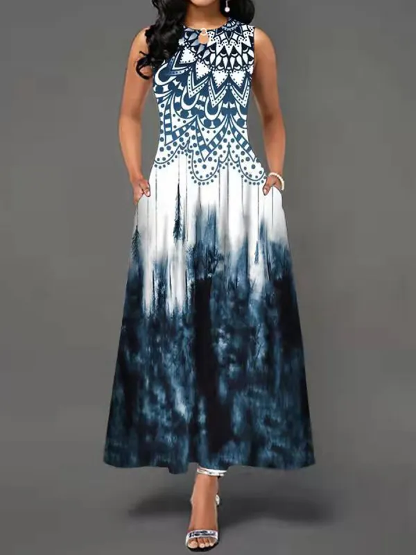 Casual Floral Print Crew Neck Sleeveless Maxi Dress - Oasisjoy.com 