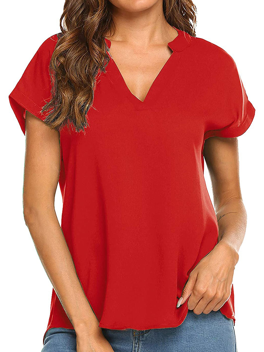 Summer V neck Short sleeved Chiffon Solid Color Blouse