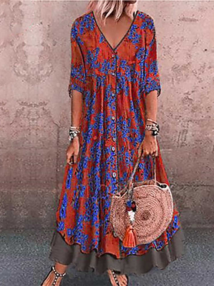Bohemian V Neck Colour Block Printed Colour Three-Quarter Dress