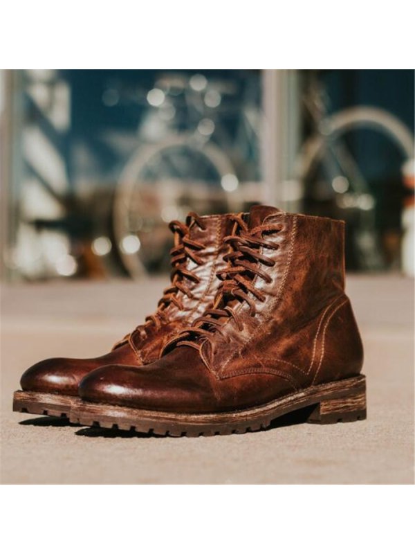 Men's Fashion Retro Square With Lace-Up Boots