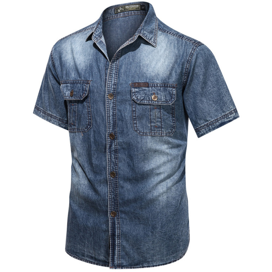 

Mens retro casual simple denim short sleeve shirt