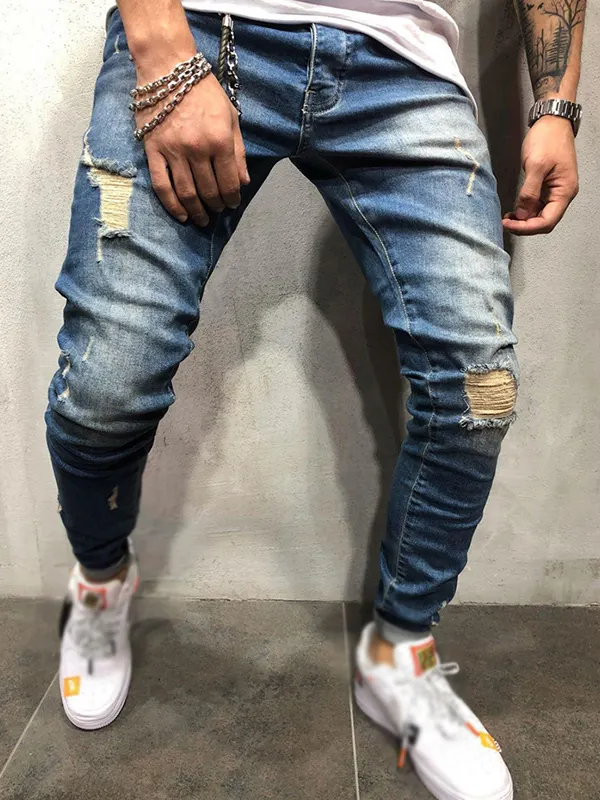 Men's casual fashion ripped zipper slim-fit denim trousers - Inkshe.com 