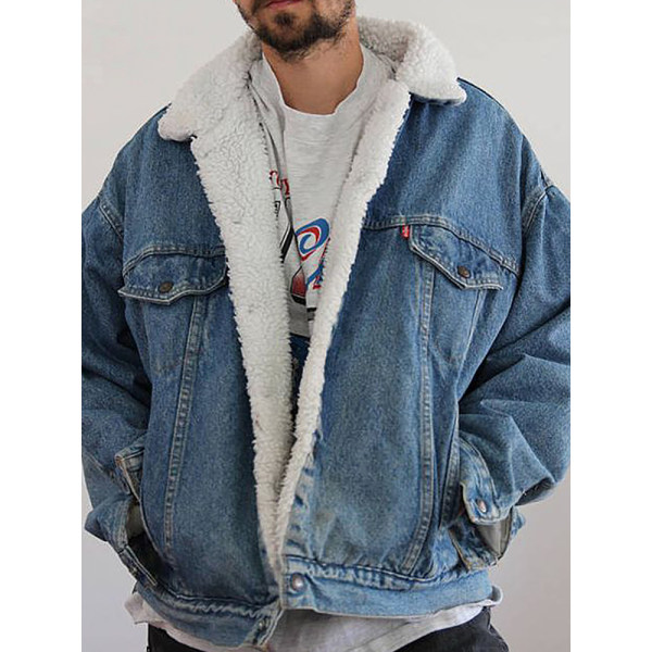 Streetwear Wool Collar Long Sleeve Denim Jacket - menilyshop.com