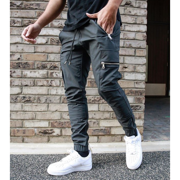 Sports and leisure zipper multi-pocket trousers men's fitness running ...