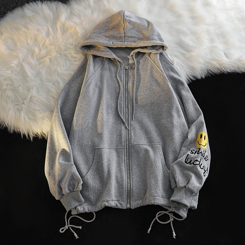 Unisex Fashion Smiley Letter Embroidered Long Sleeve Hooded Cardigan Jacket
