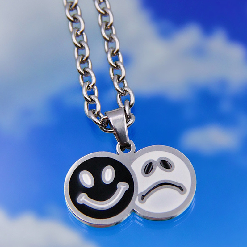 Black And White Punk Mood Round Crying And Smiling Face Coin Pendant