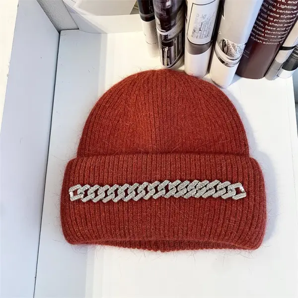 Knitted Hat With Diamond Chain For Autumn And Winter Korean Sweet Angora Rabbit Woolen Hat Thick Warmth Fashion Hat Women - Orienbest.com 