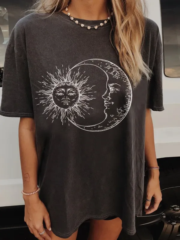 Casual Sun Moon Print Long Tee - Miuwell.com 