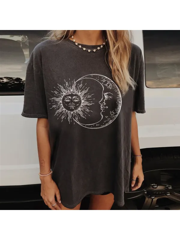 Fashion casual sun moon print short sleeve long T-shirt(🚚Shipping ...