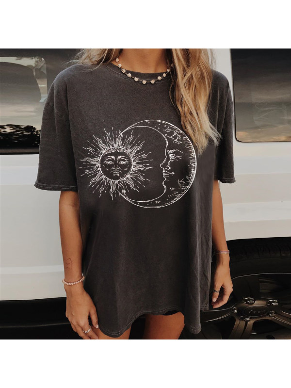 Fashion Casual Sun Moon Print Short Sleeve Long T-shirt - Inkshe.com 