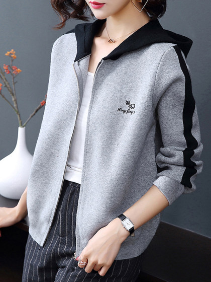 Hat Collar  Patchwork  Casual  Color Block  Long Sleeve  Knit  Cardigan