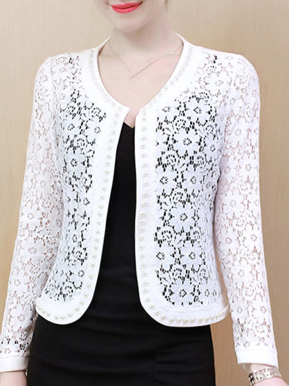 See-Through Floral Plain Beading Long Sleeve Cardigan