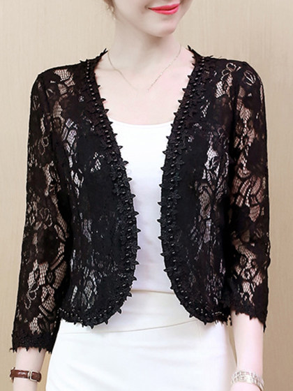 See-Through Floral Plain Beading Long Sleeve Cardigan