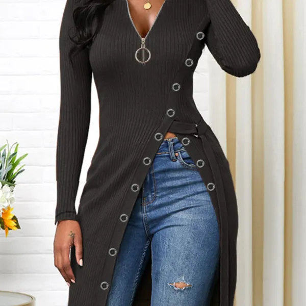 v-neck long-sleeved solid color T-shirt - Leanarea.chimpone.com 