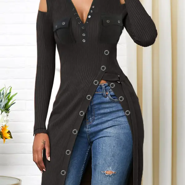 V-neck long sleeve solid color T-shirt - Leanarea.chimpone.com 