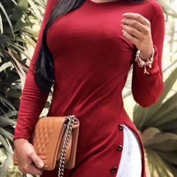 Round neck long sleeve solid color T-shirt - Leanarea.chimpone.com 