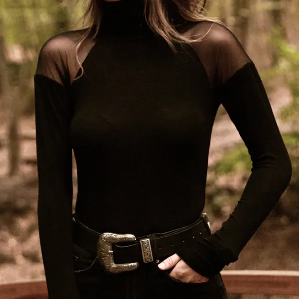 Round neck long sleeve lace T-shirt - Leanarea.chimpone.com 