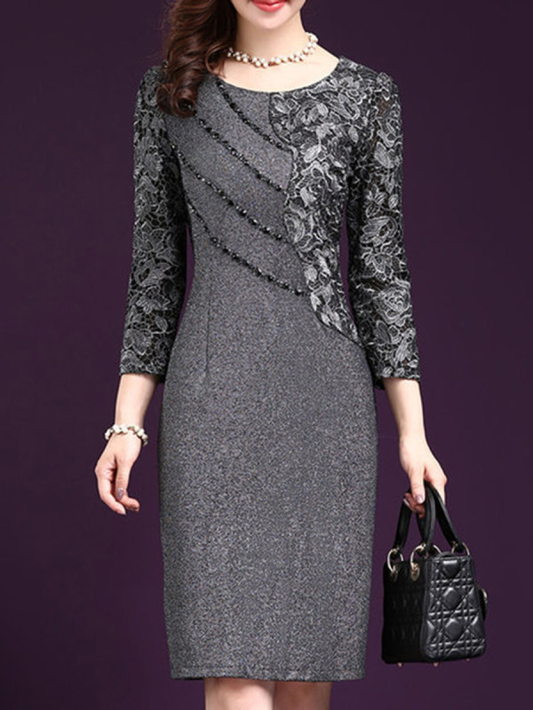 Round Neck Plain Blend Bodycon Dress