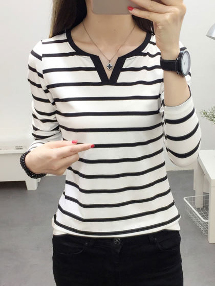 V-Neck  Striped  Long Sleeve Long Sleeve T-Shirts
