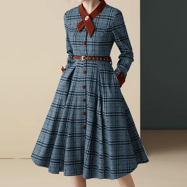 Vintage Check Irregular Collar Dress - Leanarea.chimpone.com 
