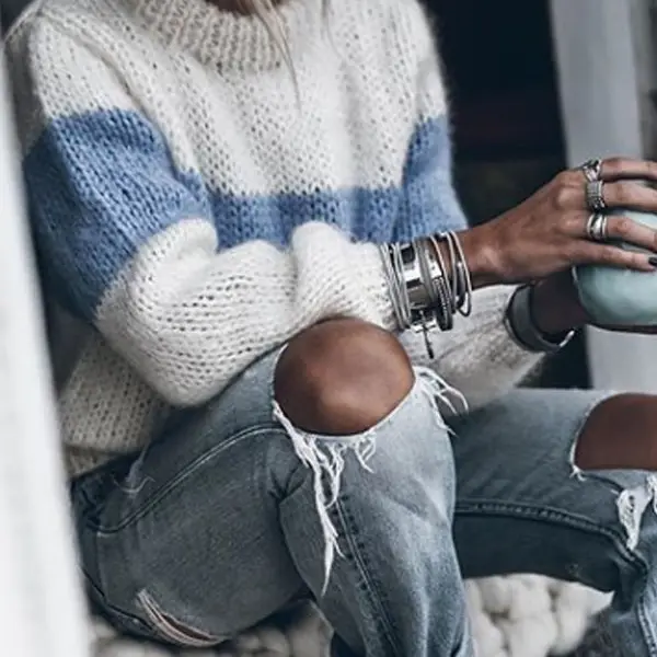High Neck Color Block Patchwork Sweaters - Leanarea.chimpone.com 