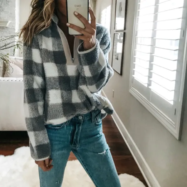 Fashion Lapel V Neck Zipper Long Sleeve Plaids Sweatershirts - Leanarea.chimpone.com 