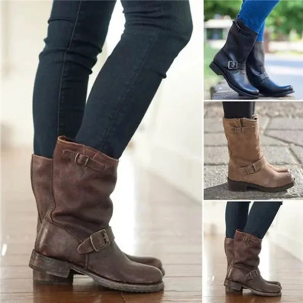 Plain Flat Round Toe Casual Outdoor Mid Calf Flat Boots - Veveeye.com