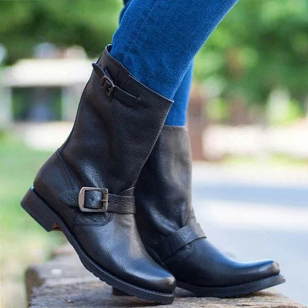 plain flat round toe casual outdoor mid calf flat boots