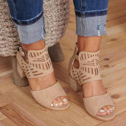 Hollow Out Plain  Chunky  High Heeled  Peep Toe  Date Travel Sandals🔥