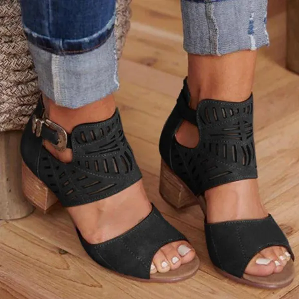 Hollow Out Plain  Chunky  High Heeled  Peep Toe  Date Travel Sandals🔥 - Godeskplus.com 