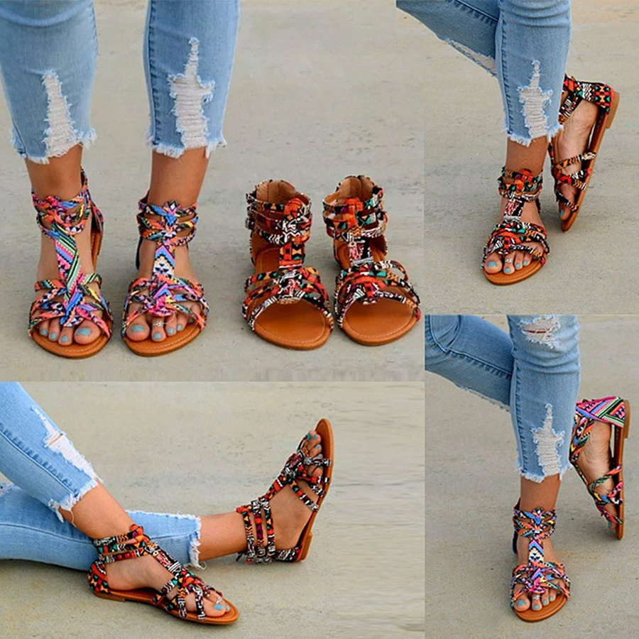 floral flat ankle strap peep toe casual gladiator sandals