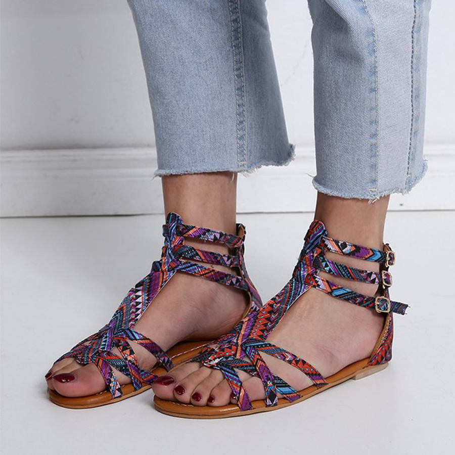 floral flat ankle strap peep toe casual gladiator sandals