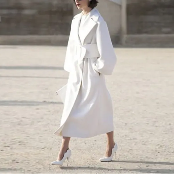 Long Slim Belted Waist Wooled Coat - Leanarea.chimpone.com 