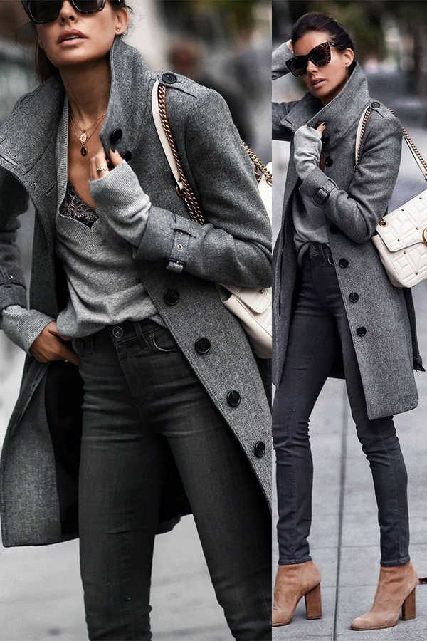 Fashion Pure Colour   Long Sleeve Coat