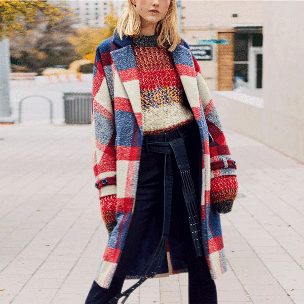 Fashion Turndown   Collar Plaid Printed Long Sleeve Coat - Leanarea.chimpone.com 