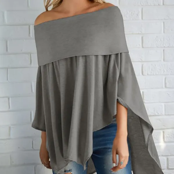 Off Shoulder  Asymmetric Hem Cutout  Curved Hem Smocked Bodice  Plain  Batwing Sleeve Long Sleeve T-Shirts - Leanarea.chimpone.com 