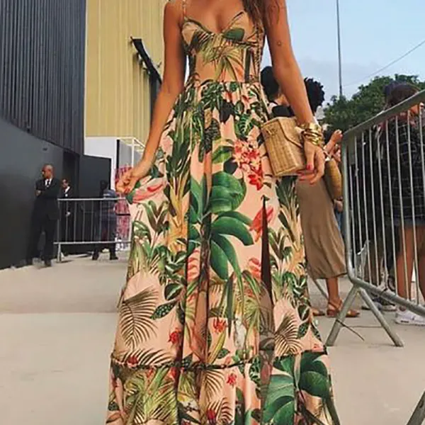 Fashion V Neck Sling Printed Colour Maxi Dresses - Leanarea.chimpone.com 