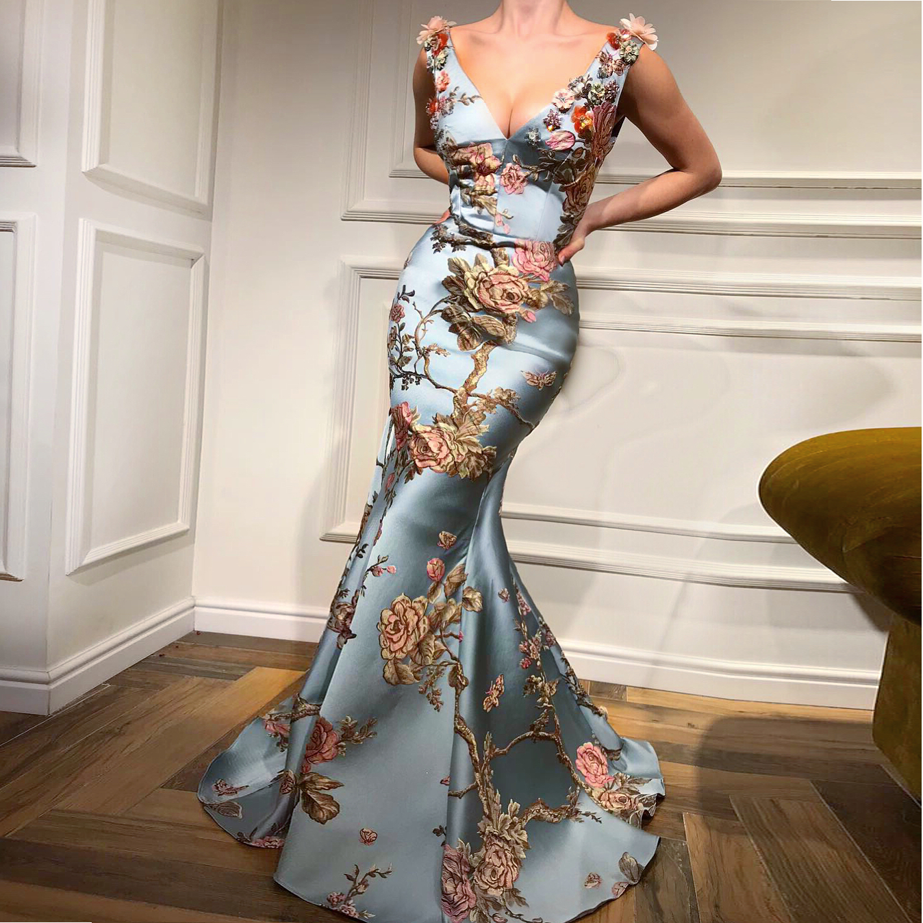 sexy v collar floral printed slit maxi dress